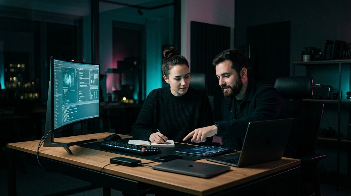Twee collega's werken samen achter een scherm