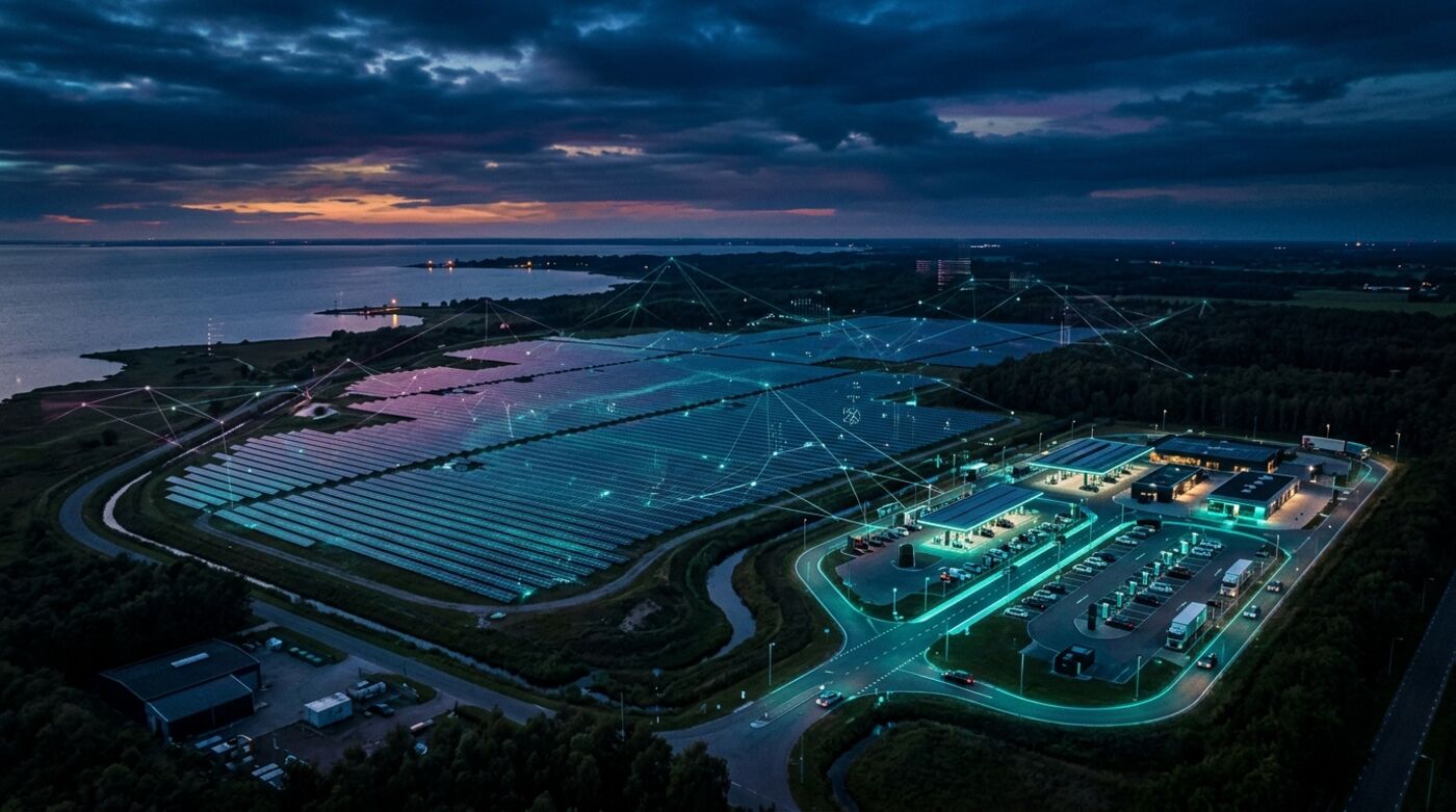 Impressie van een zonnepark met laadhub aan het water