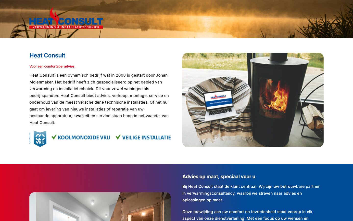 De voorpagina van Heat Consult met het verhaal en de keurmerken
