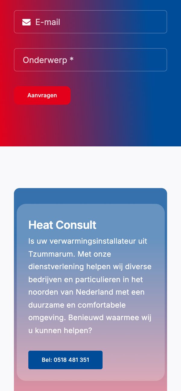 De voorpagina van Heat Consult op de telefoon met het aanvraagformulier