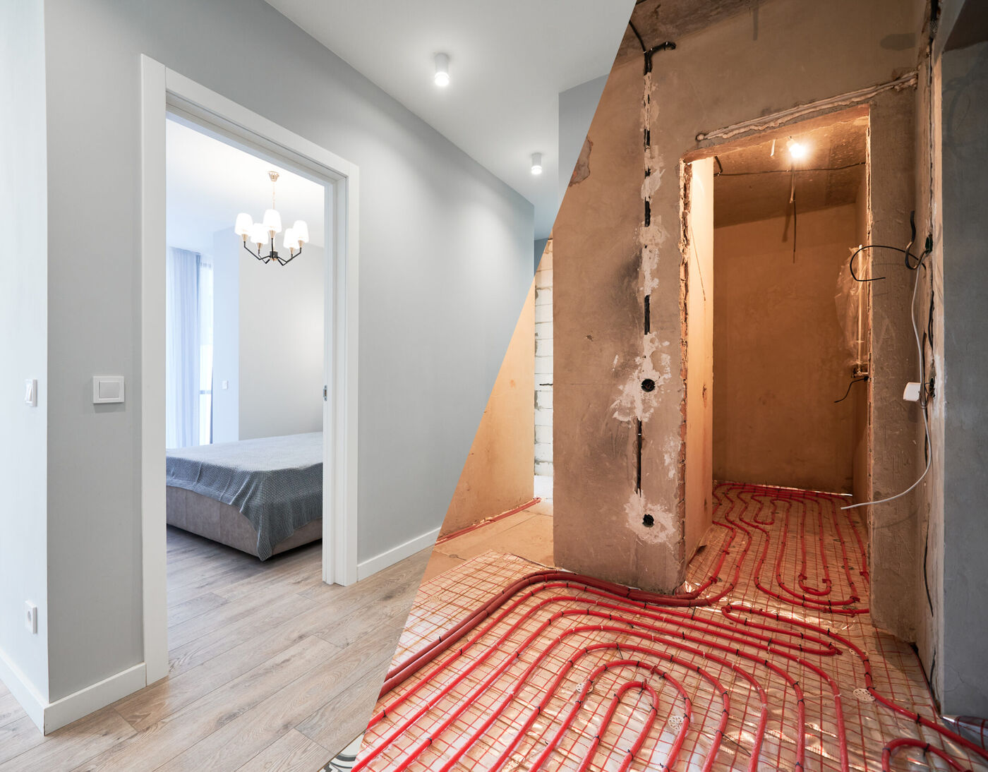 Vloerverwarming in een woning, half af en half klaar