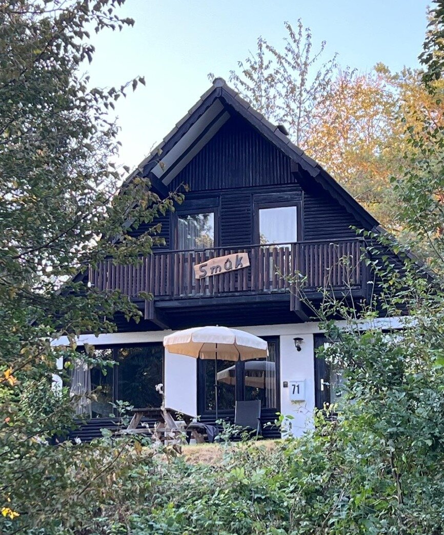 Het vakantiehuis Huisje Smûk tussen de bomen in herfstkleuren