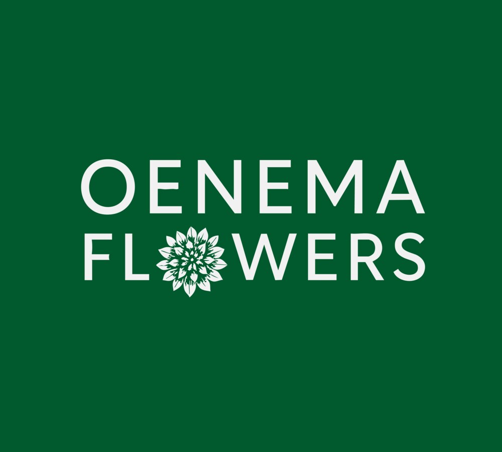 Het logo van Oenema Flowers op groene achtergrond