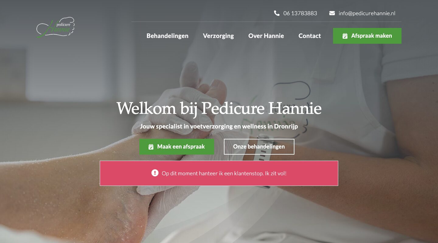 De voorpagina van Pedicure Hannie met de knop Maak een afspraak