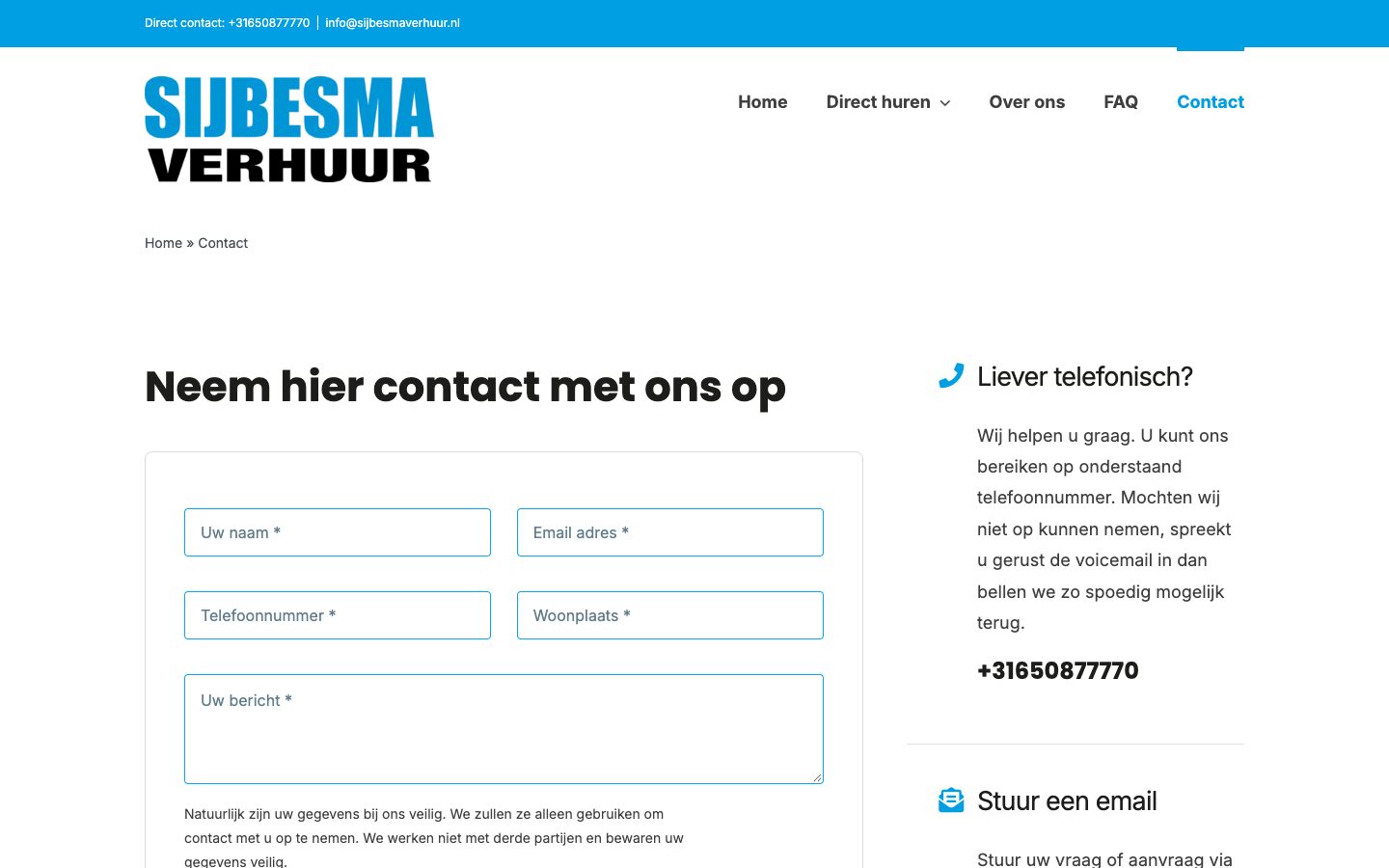 Het contactformulier van Sijbesma Verhuur