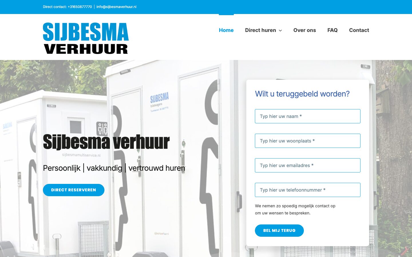 De voorpagina van Sijbesma Verhuur met het terugbelformulier